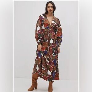 Farm Rio for Anthropologie Brown and Blue Leaf Print Long Sleeve Dress